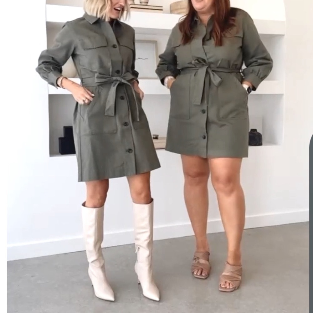 LOVERLY GREY Military Olive Trench Shirtdress with Tie Belt, Size Small